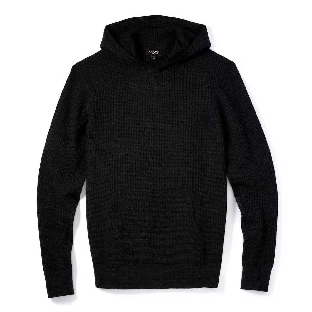 Proof 72-Hour Merino Sweater Hoodie Men's M Waffle-Knit Wool Thermal Black EUC